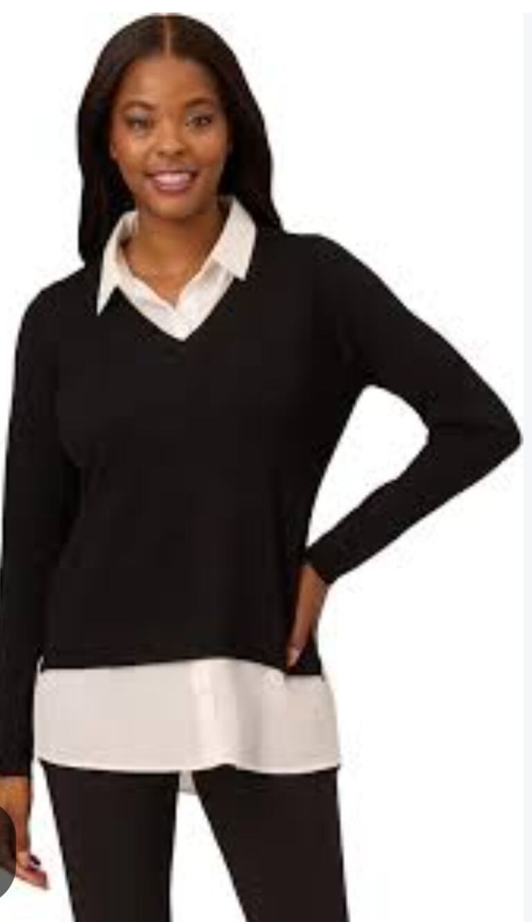 5857) Adrianna Papell Women Preppy Solid V Neck Twofer Sweater Small